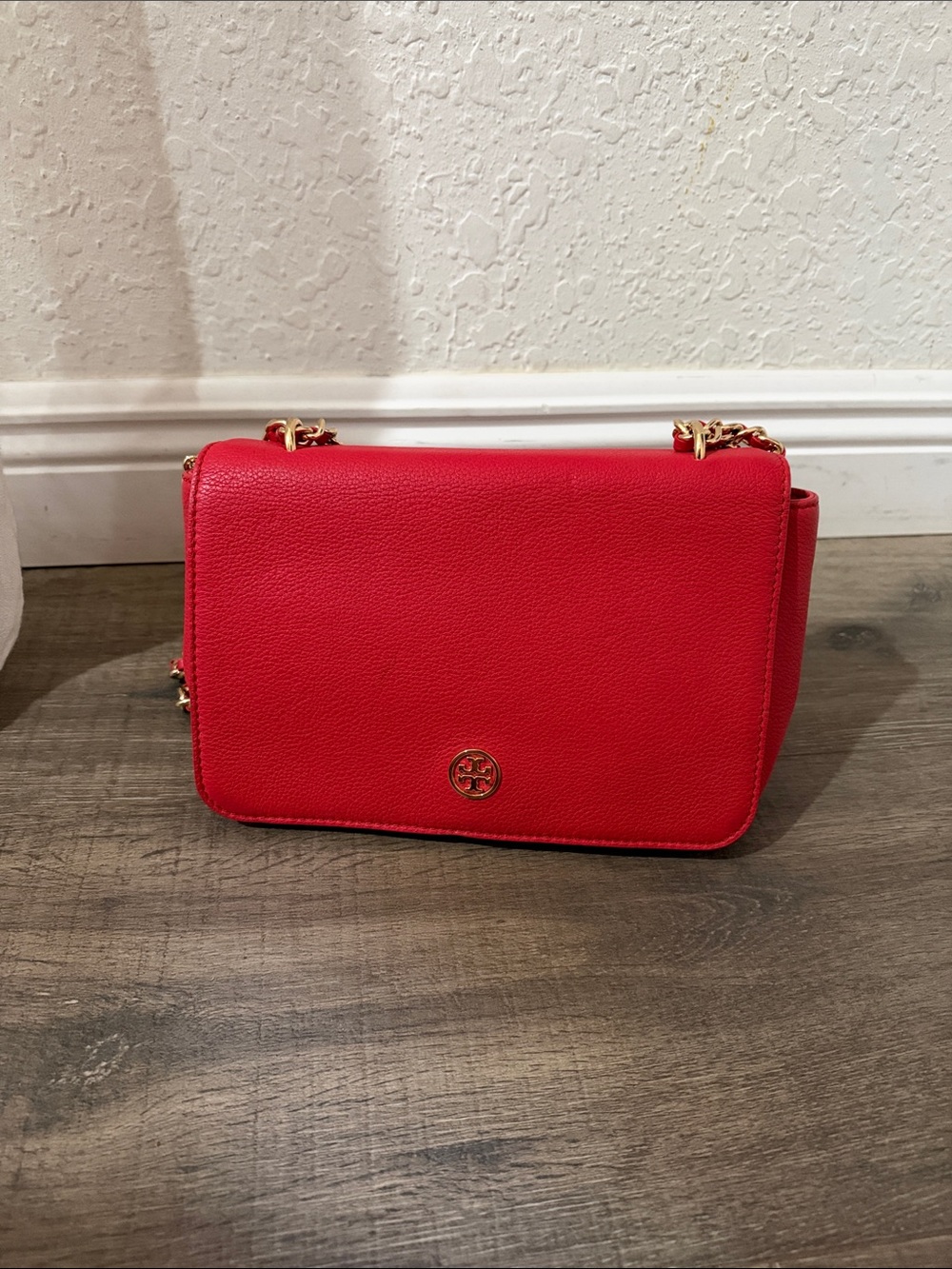 Tory Burch Bright Red Pebbled Leather Crossbody with Gold Chain